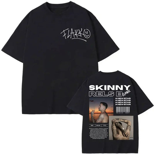 Black short-sleeved cotton t-shirt with white graphic designs featuring skinny felons album skinny relz b on front and back