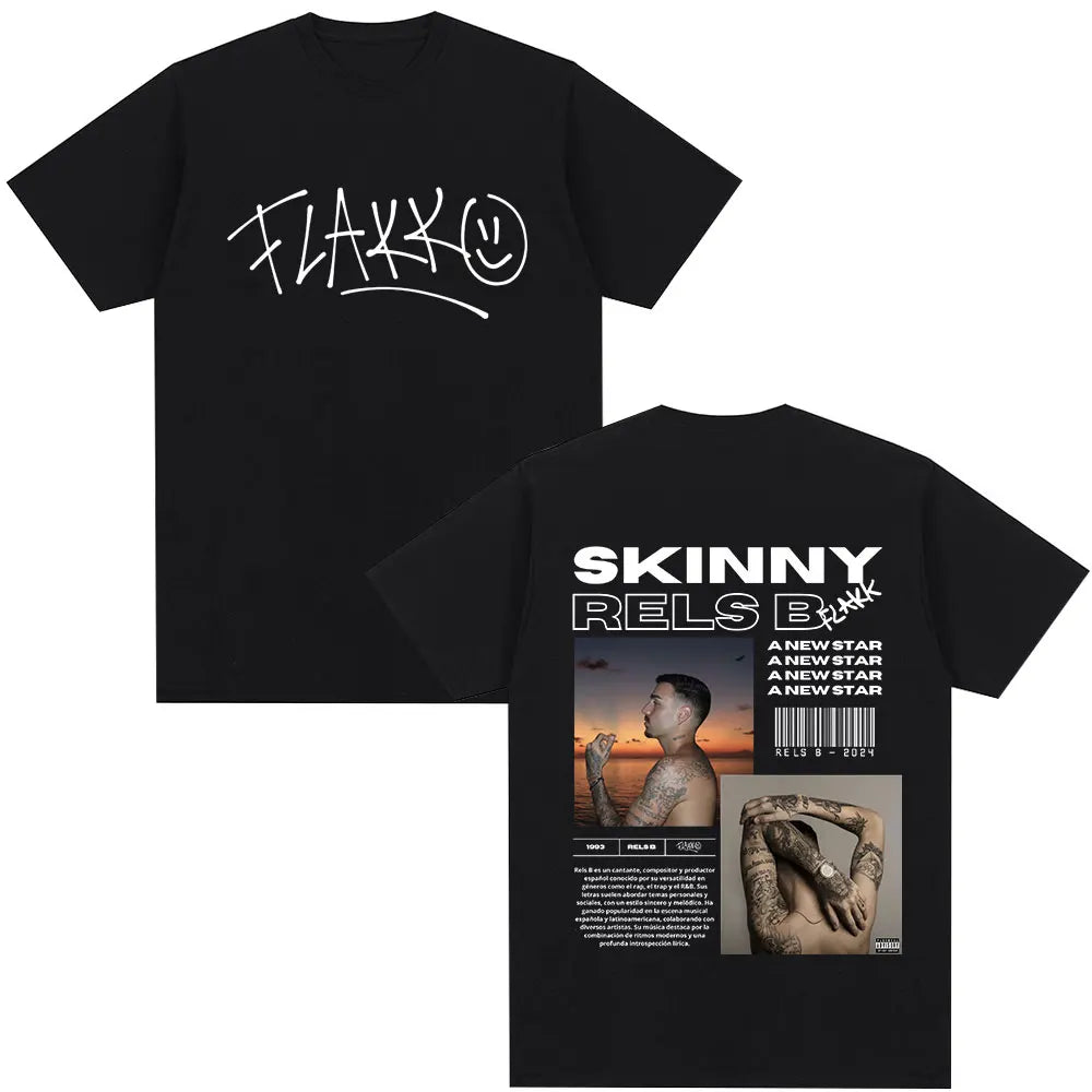 Black cotton t-shirt featuring white graffiti-style flakk logo front and skinny felts star album merch graphic back