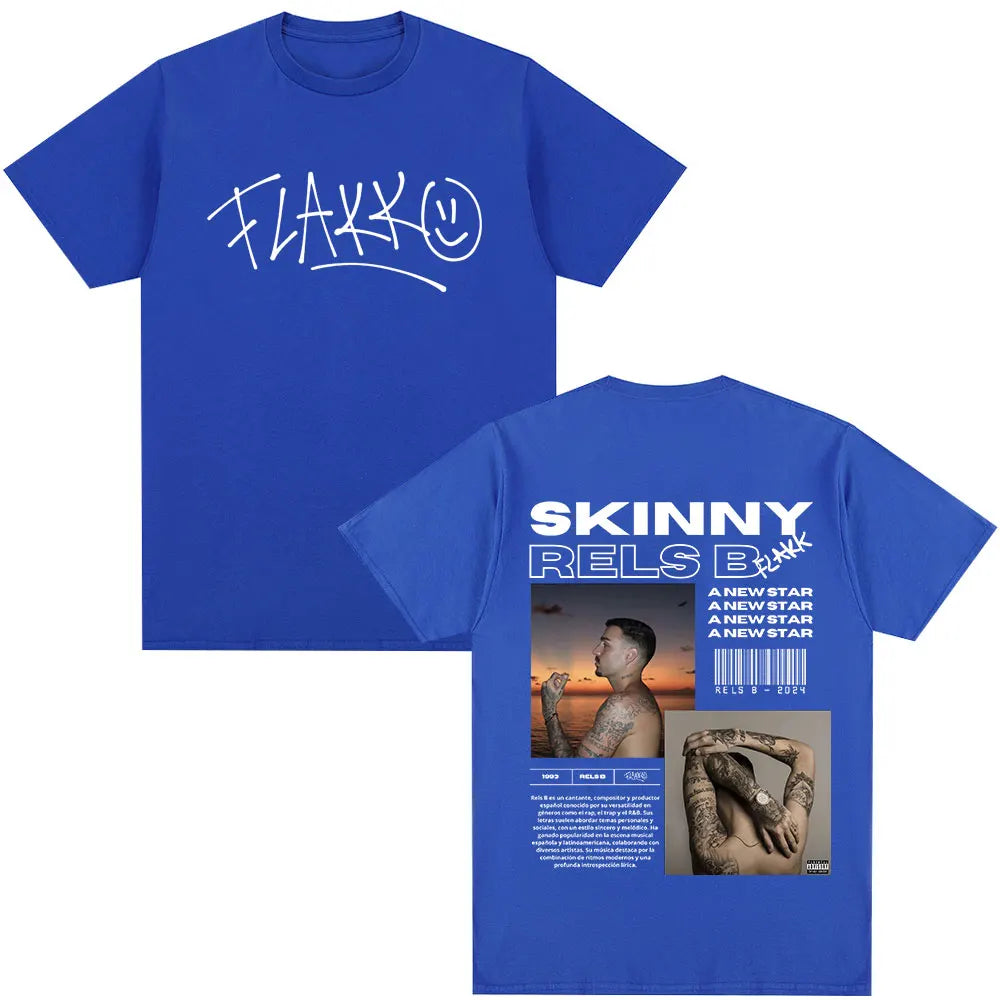 Royal blue cotton t-shirt with white graffiti style flakk logo front and detailed skinny flakk back print star album merch