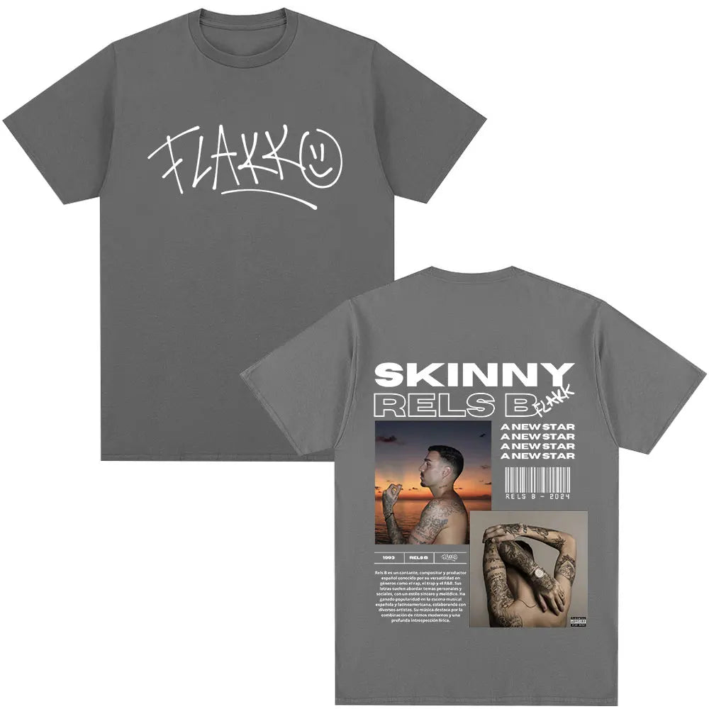 Gray cotton t-shirt featuring white graffiti style flakk logo front and skinny flakk star album merch back for rapper rels