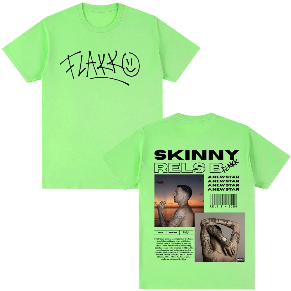Neon green cotton short-sleeved t-shirt with black handwritten flakk logo front and skinny flakk star album merch back