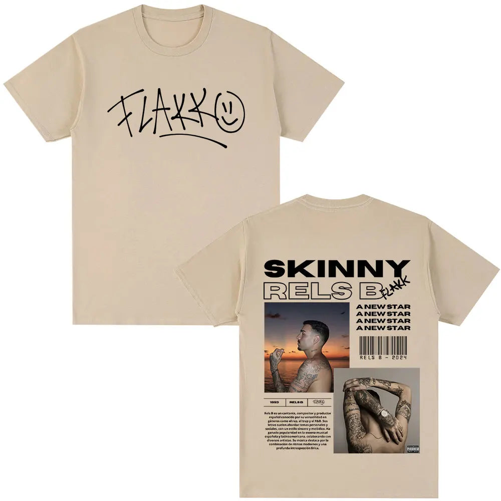 Beige cotton t-shirt with black flakk signature and skinny felts b graphic from rapper rels star album merch streetwear