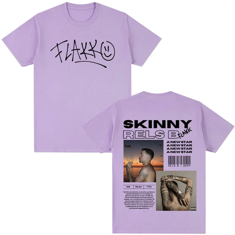 Light purple cotton rap star album merch t-shirt with black skinny flakk signature front and detailed back graphic print