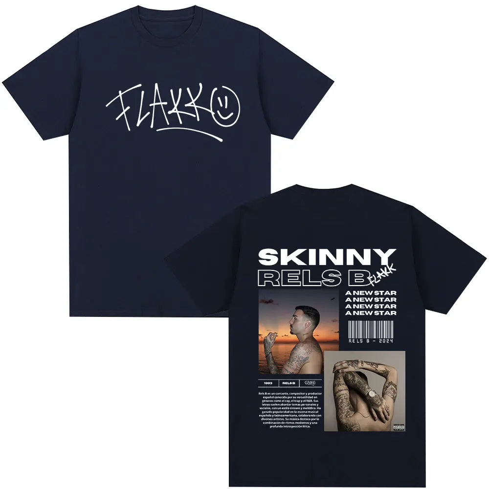 Navy blue cotton t-shirt featuring white graffiti style flakk logo front and skinny flakk star album merch back design