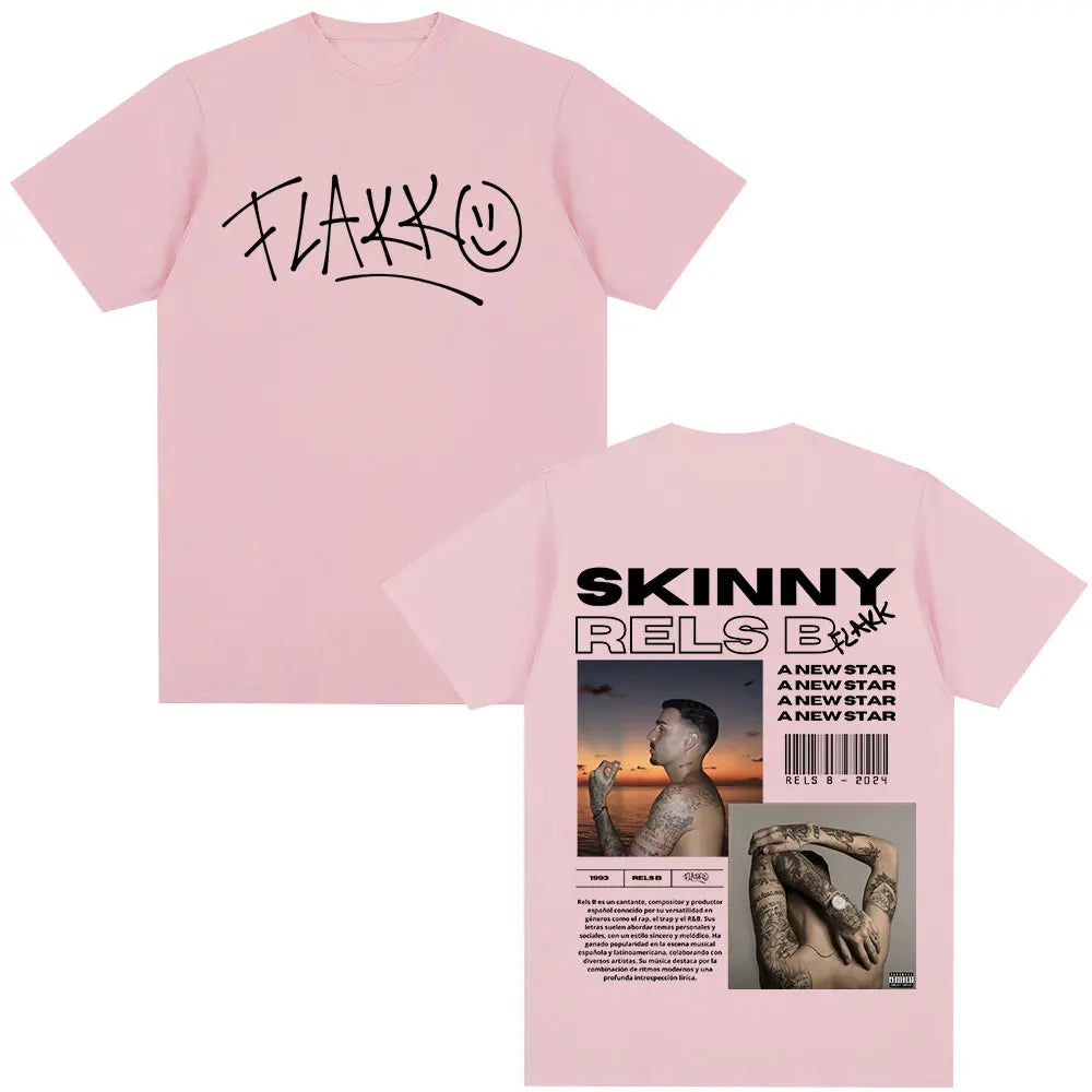 Pink cotton short-sleeved t-shirt with black skinny flakk graphic and rapper rels b star album merch design for streetwear