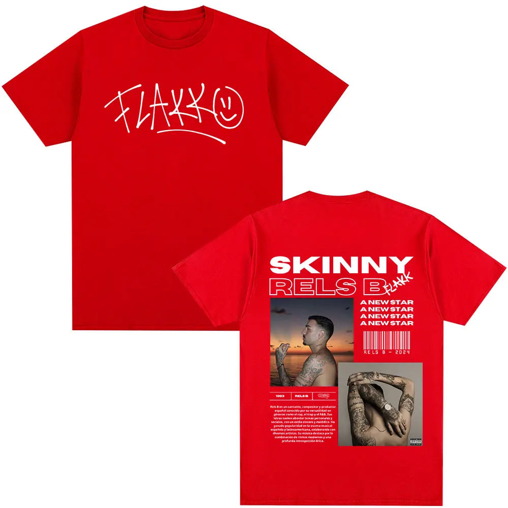 Red cotton short-sleeved t-shirt with white skinny flakk logo and rapper rels star album merch back print
