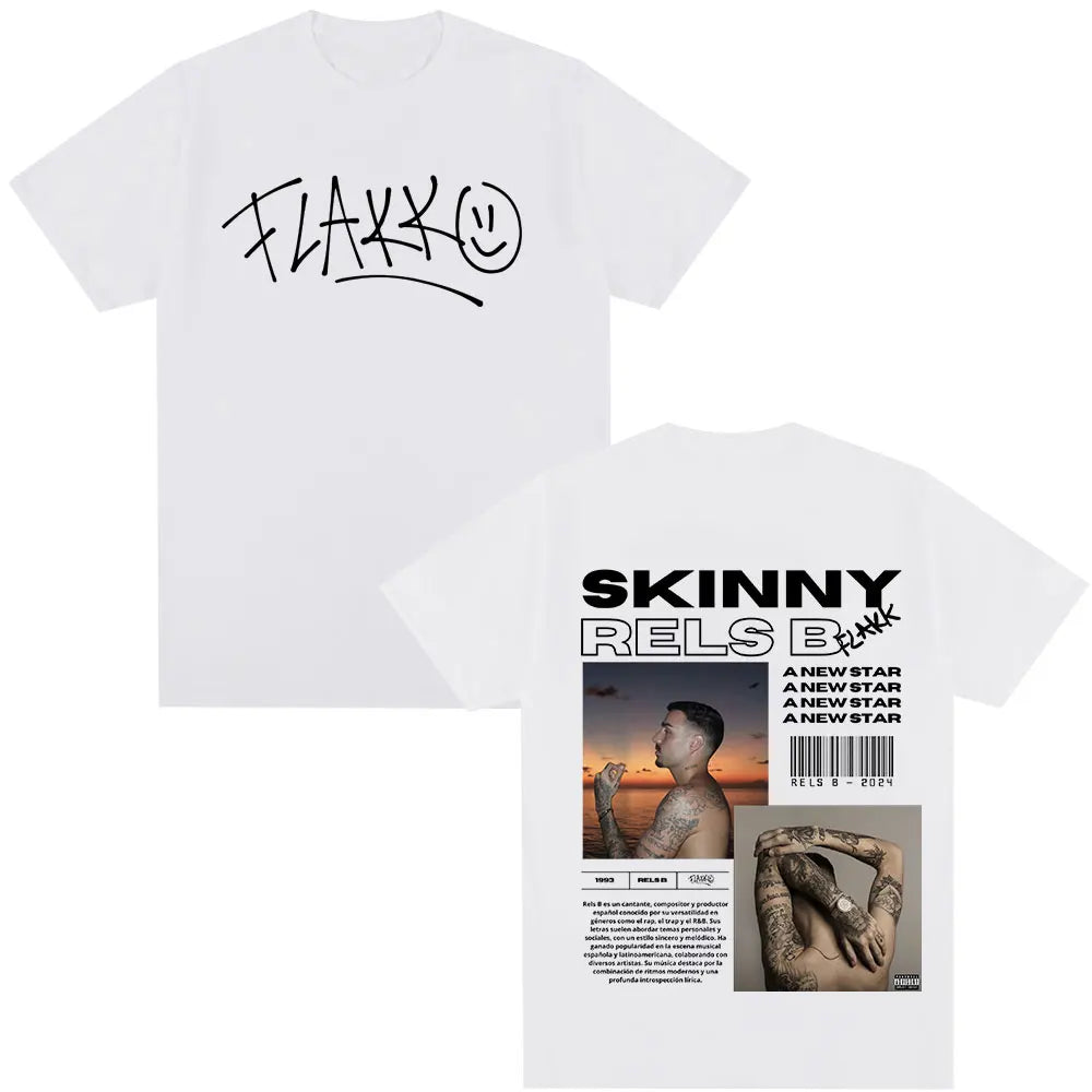 White cotton t-shirt with black skinny flakk star album merch graphic featuring rapper rels b hip hop design