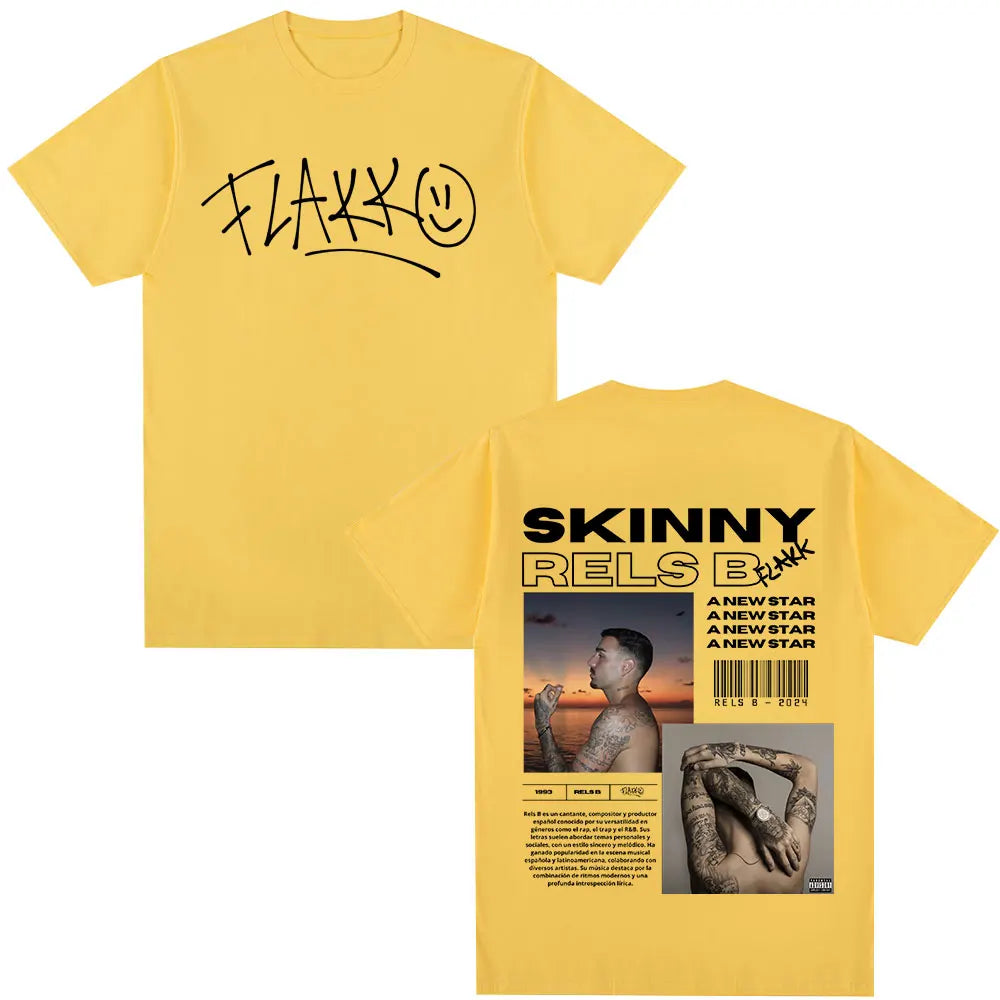 Yellow cotton t-shirt with black skinny flakk graphic and rapper rels b star album merch design for hip hop streetwear