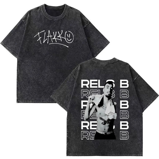 Black distressed cotton rapper rels b skinny flakk a new star album merch t-shirt with white graphic front and photo back