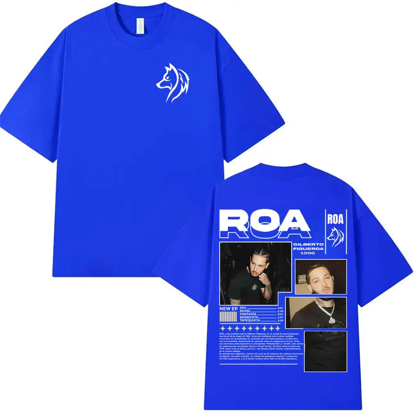 Bright blue oversized shirt hipster mens featuring a white wolf head logo and rapper roa gilberto summer hip hop design