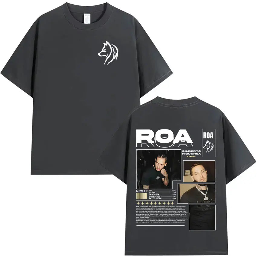 Black oversized t shirt with white wolf silhouette front and graphic print back for rapper roa gilberto summer hip hop style