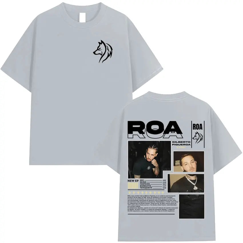 Light gray cotton shirt hipster mens featuring black wolf head front and detailed back print rapper roa gilberto summer hip hop