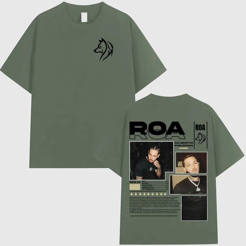 Olive green short-sleeved shirt hipster mens with black wolf head front graphic and detailed back print for summer hip hop fans