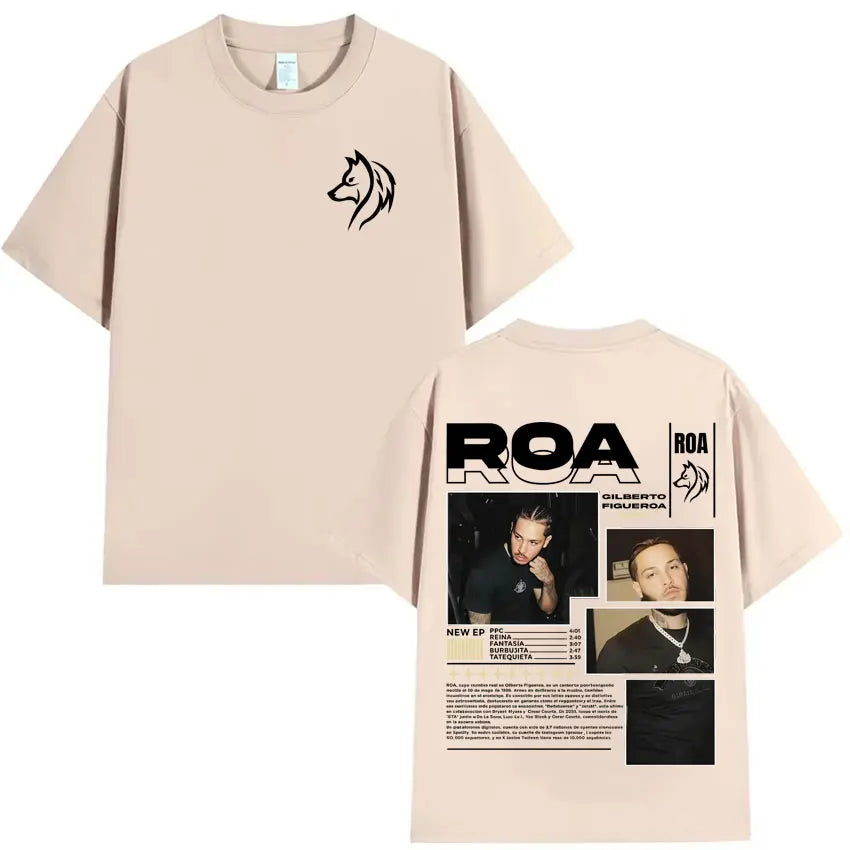Beige short-sleeved shirt hipster mens with black wolf head front and detailed back print by rapper roa gilberto summer hip hop