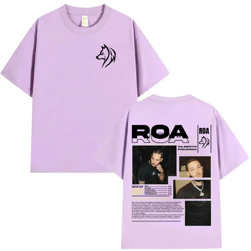 Lavender short-sleeved shirt hipster mens with black wolf graphic and rapper roa gilberto summer hip hop design front and back