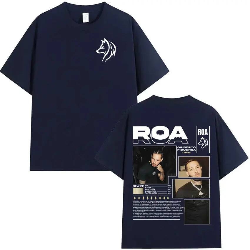 Navy blue oversized shirt hipster mens featuring white wolf head front and detailed back print for rapper roa gilberto summer hip hop style