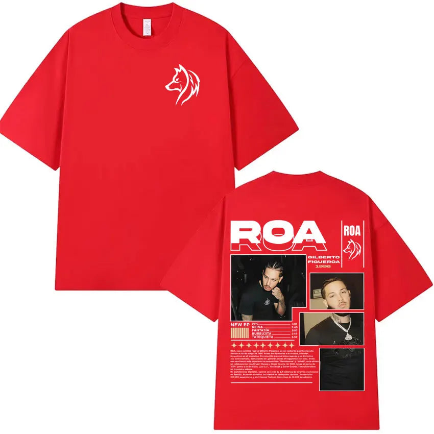 Red short-sleeved shirt hipster mens featuring rapper roa gilberto white wolf logo and summer hip hop album graphics on back
