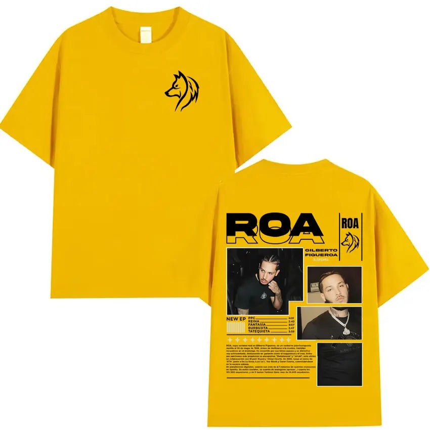 Bright yellow oversized shirt hipster mens featuring black wolf head logo and rapper roa gilberto summer hip hop design