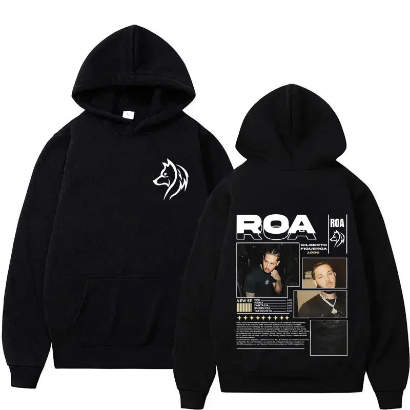 Black hoodie with white wolf silhouette front and detailed graphic back, rapper roa tour hip hop gothic autumn winter fleece
