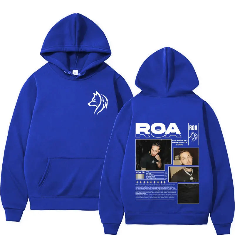 Royal blue fleece rapper roa tour hoodie with white wolf chest logo and detailed hip hop gothic autumn winter back print