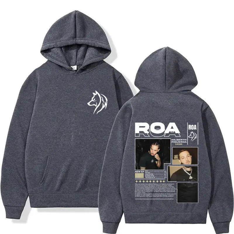 Dark heather gray fleece hoodie with white wolf silhouette front and detailed graphic back for rapper roa tour hip hop gothic style