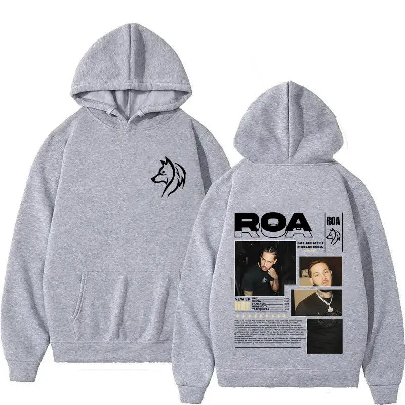 Gray hooded sweatshirt with black wolf silhouette front and detailed graphic back featuring rapper roa tour design