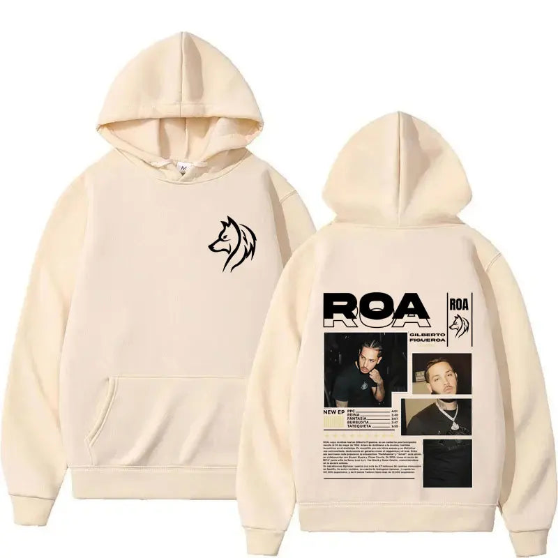 Cream-colored fleece hoodie featuring a black wolf silhouette front and detailed graphic back for rapper roa tour hip hop gothic style