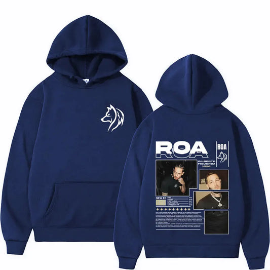 Navy blue fleece hoodie with white wolf silhouette front and detailed graphic print back for rapper roa tour hip hop gothic fashion