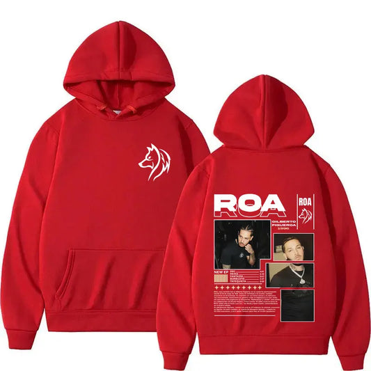 Red hooded sweatshirt featuring white wolf silhouette front and graphic print back for rapper roa tour hip hop gothic style