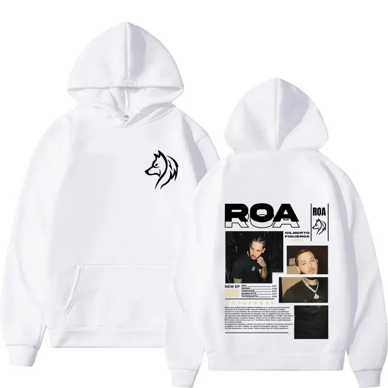 White hoodie with black wolf silhouette front and detailed graphic back print for rapper roa tour hip hop gothic autumn winter