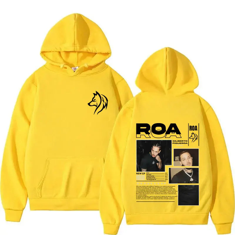 Bright yellow fleece hoodie with black wolf silhouette front and roa photo graphic back for rapper roa tour hip hop gothic wear