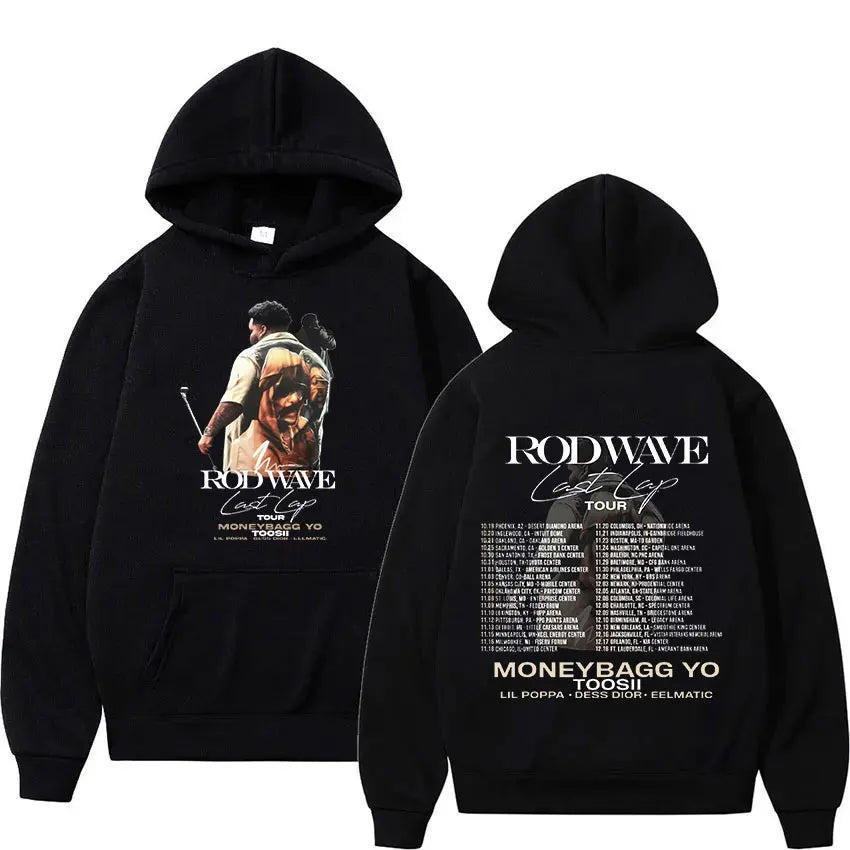 Black pullover sweatshirt y2k featuring rapper rod wave graphic with his dog and tour itinerary oversized hoodies streetwear