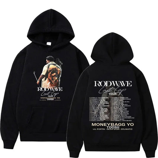 Black pullover sweatshirt y2k featuring rapper rod wave graphic with his dog and tour itinerary oversized hoodies streetwear