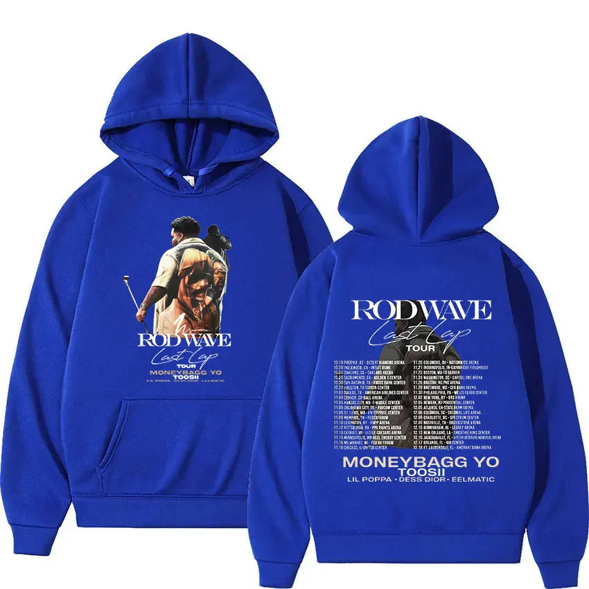 Royal blue pullover sweatshirt y2k featuring rapper rod wave graphic front and oversized hoodies streetwear tour back print