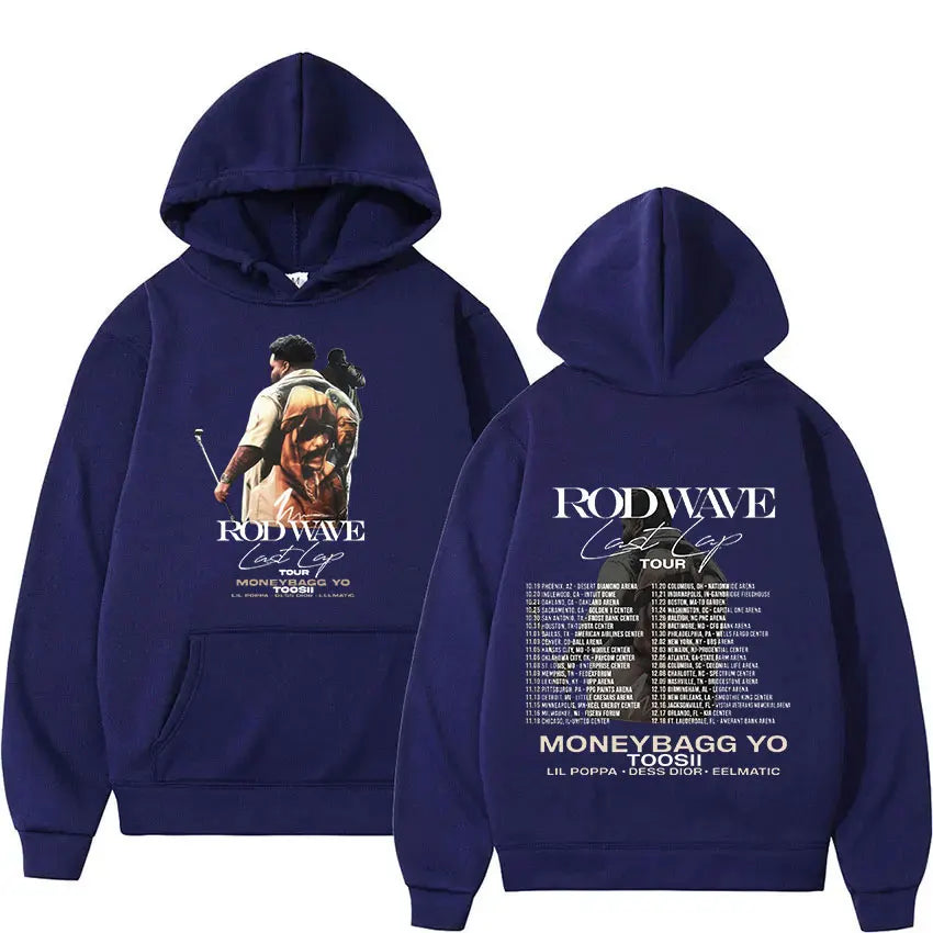 Navy blue oversized hoodies streetwear pullover sweatshirt y2k with rapper rod wave last lap tour dates on back