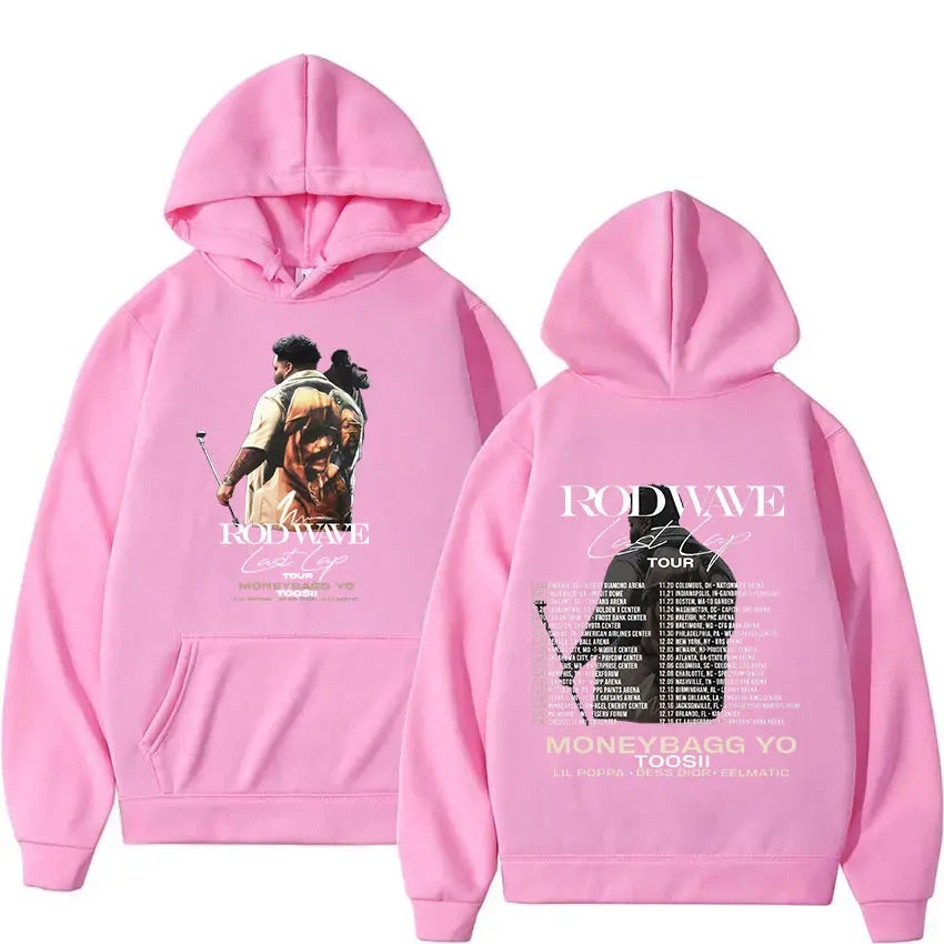 Pink oversized hoodies streetwear pullover sweatshirt y2k featuring rapper rod wave graphic and tour details on the back