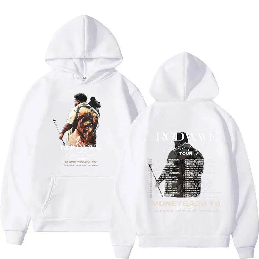 White oversized hoodie featuring moneybagg yo graphic front and black tour dates on back pullover sweatshirt y2k streetwear