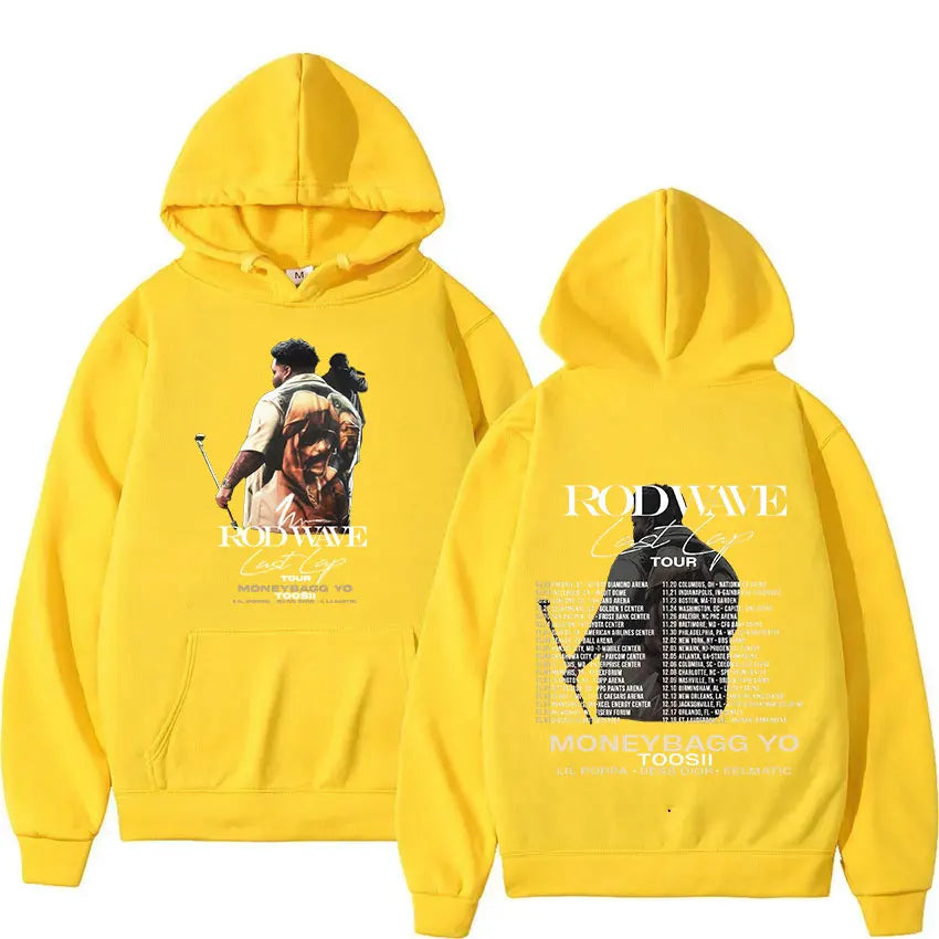 Bright yellow pullover sweatshirt y2k featuring rapper rod wave graphic print and tour itinerary on back oversized hoodies streetwear