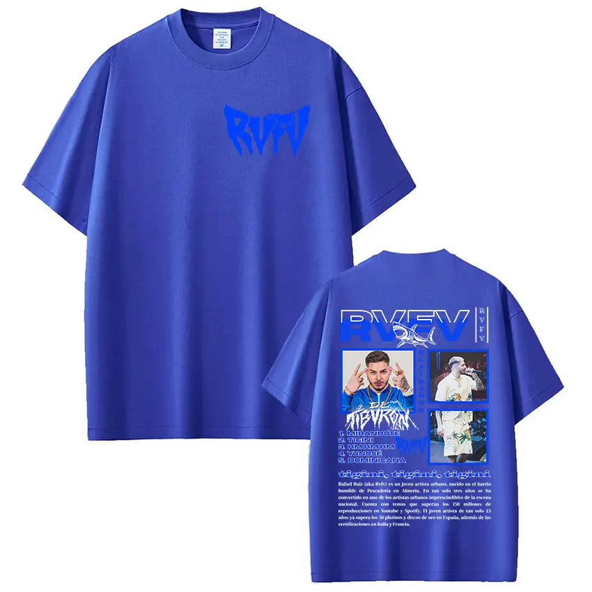 Royal blue oversized vintage cotton t shirt with bold rave graphic featuring rapper rvfv eltiburón for hip hop gothic style