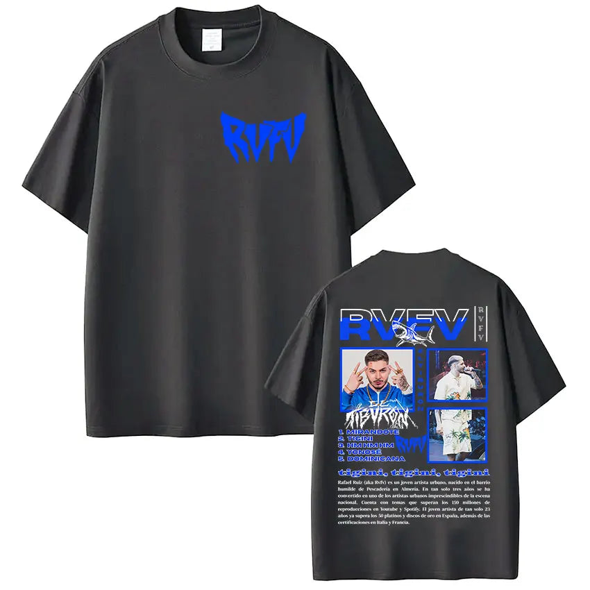 Black oversized cotton t shirt with bold blue rvev graphic front and detailed back print hip hop gothic vintage style