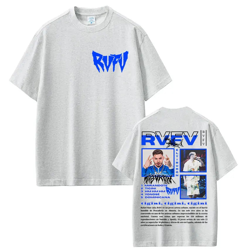 White short-sleeved vintage oversized cotton t shirt with bold blue rapper rvfv eltiburón hip hop gothic logo and graphic print