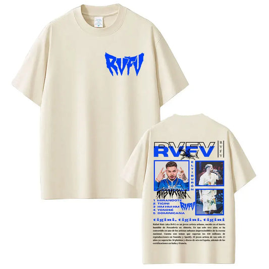 Beige short-sleeved vintage oversized cotton t shirt with hip hop gothic rapper rvfv eltiburón graphic print on back