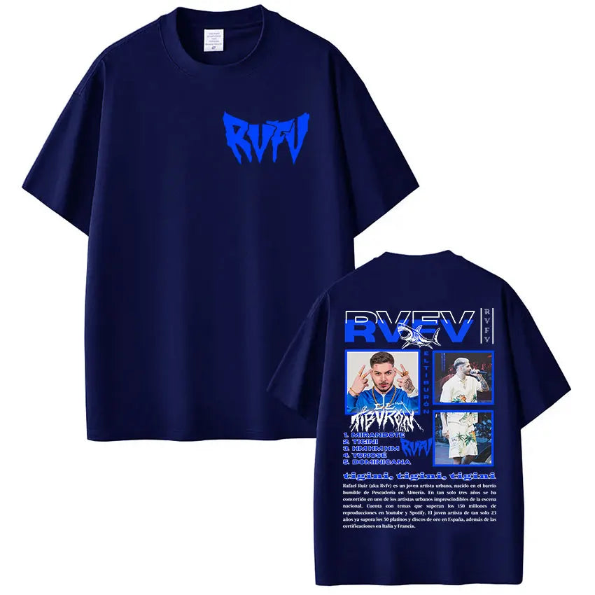 Navy blue short-sleeved vintage oversized cotton t-shirt with bold blue hip hop gothic rapper rvfv eltiburón graphic on back