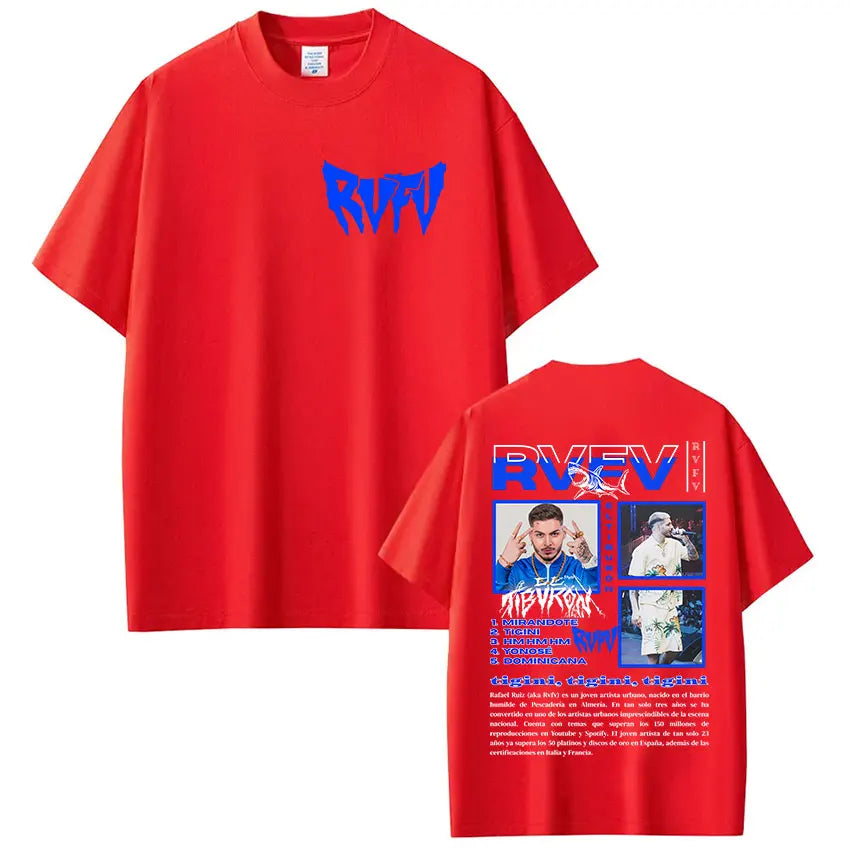 Red short-sleeved vintage oversized cotton t-shirt with blue rapper rvfv eltiburón hip hop gothic graphic on front and back