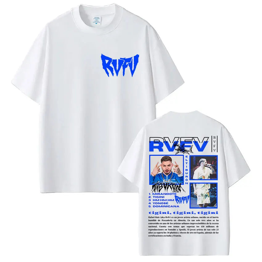 White vintage oversized cotton hip hop gothic t shirt featuring rapper rvfv eltiburón graphic design and name rvev