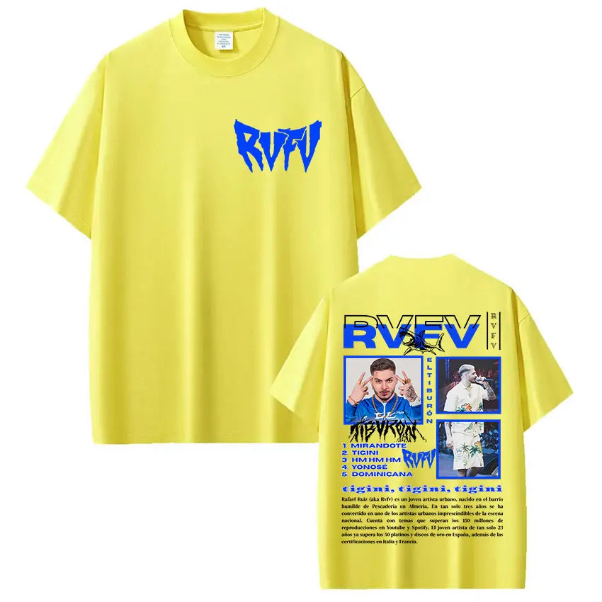 Bright yellow vintage oversized cotton t shirt with bold blue rvfv lettering and detailed back graphic for rapper rvfv eltiburón tour hip hop gothic style