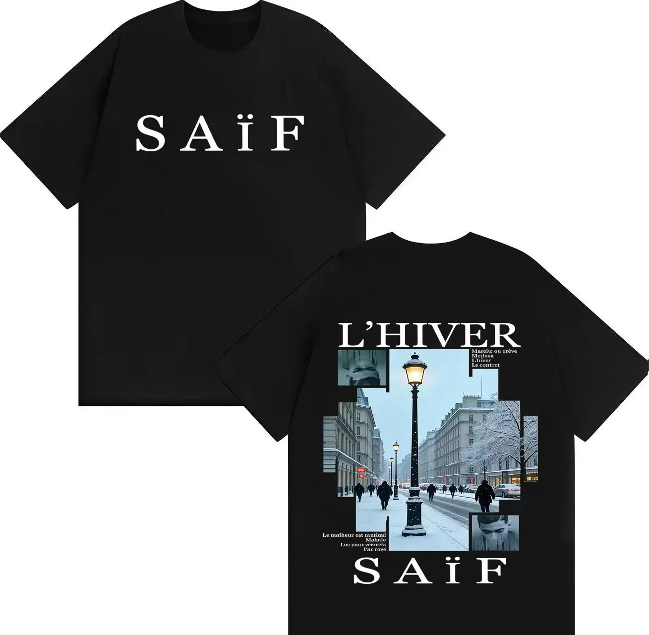 Black cotton rapper saif ablum t-shirt with white saïf lettering front and winter street scene back hip hop graphics womens casual y2k