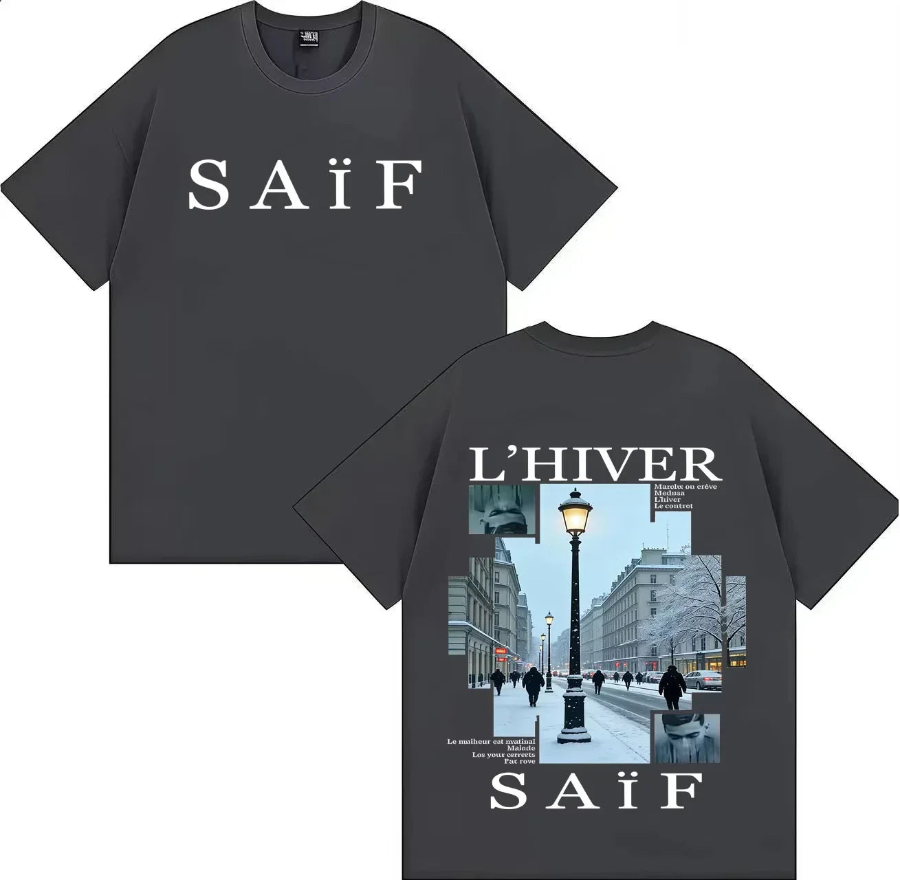 Dark gray short-sleeved pure cotton hip hop graphics t-shirt featuring white saif lettering and snowy parisian street print on back