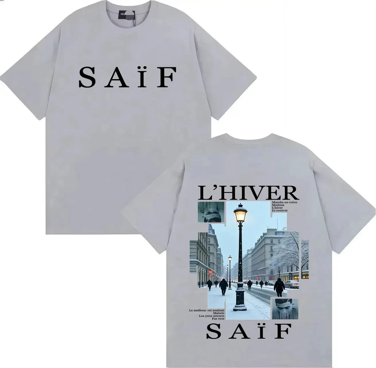 Light gray cotton t-shirt with black saif logo front and detailed winter street scene on back for womens casual y2k hip hop graphics