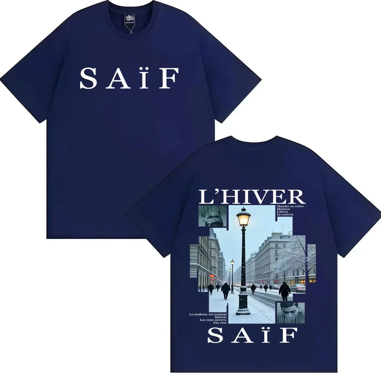 Navy blue pure cotton t-shirt with white saif lettering and winter street scene graphic on back for womens casual y2k hip hop graphics